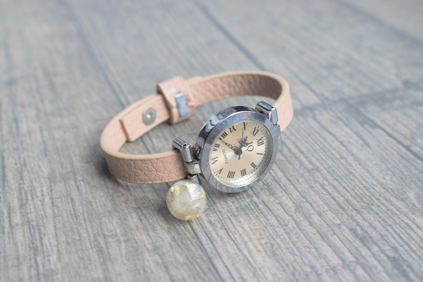 Armbanduhr mit Pusteblume, Pusteblumenschmuck, Naturschmuck, echte Pusteblume, Blattgold, rosa Armbanduhr, Geschenk für sie